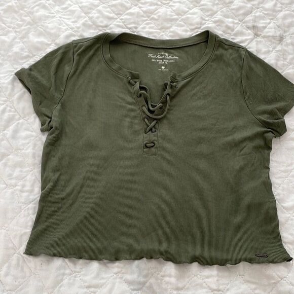 Hollister crop top hunter green mist have collection front lace up size large - Picture 1 of 7